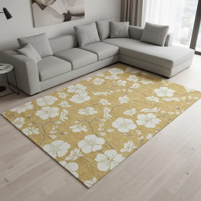Gold And Ivory Floral Washable Area Rug With UV Protection Photo 2