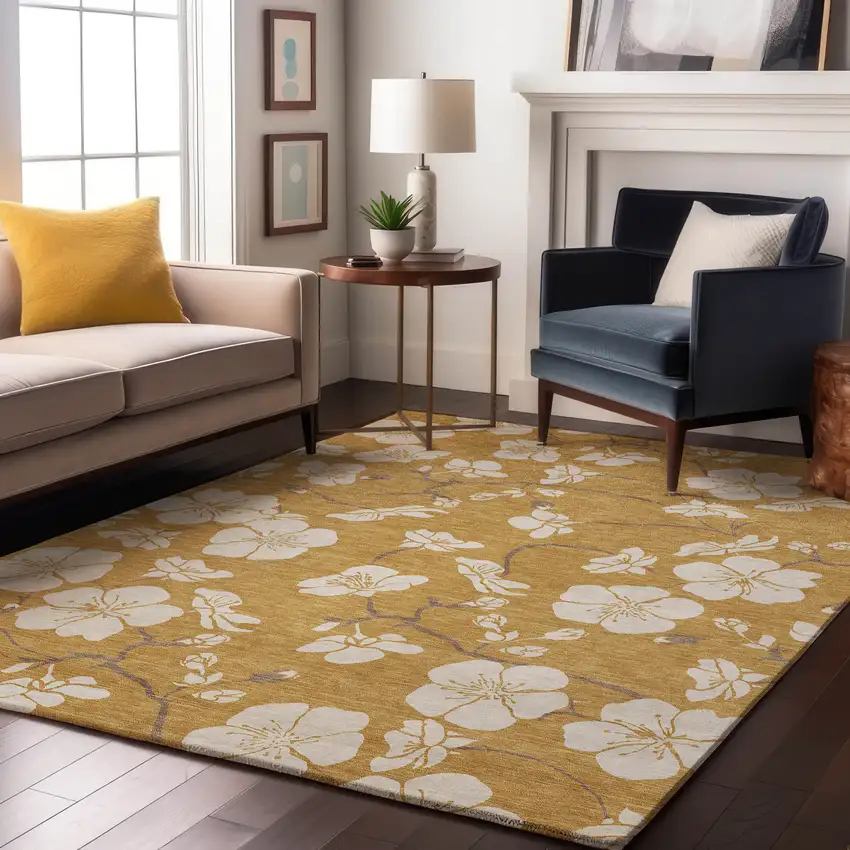 Gold And Ivory Floral Washable Area Rug With UV Protection Photo 4