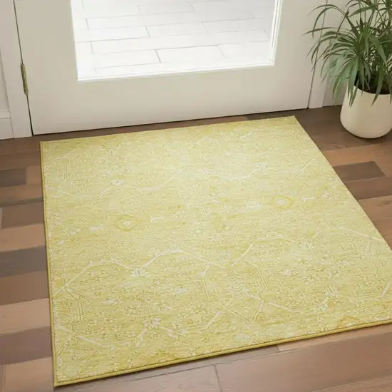 Gold And Ivory Floral Washable Area Rug With UV Protection Photo 2