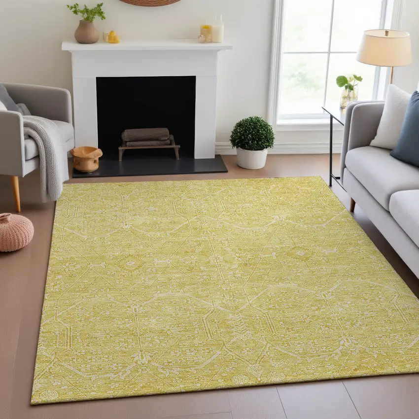 Gold And Ivory Floral Washable Area Rug With UV Protection Photo 4