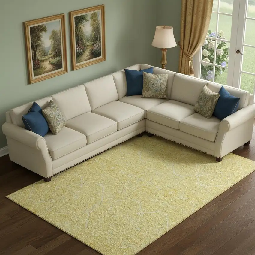 Gold And Ivory Floral Washable Area Rug With UV Protection Photo 2