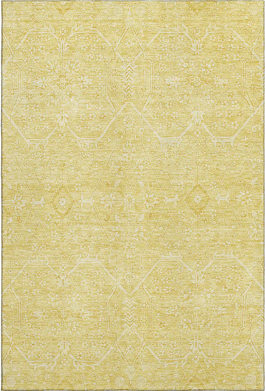 Gold And Ivory Floral Washable Area Rug With UV Protection Photo 1