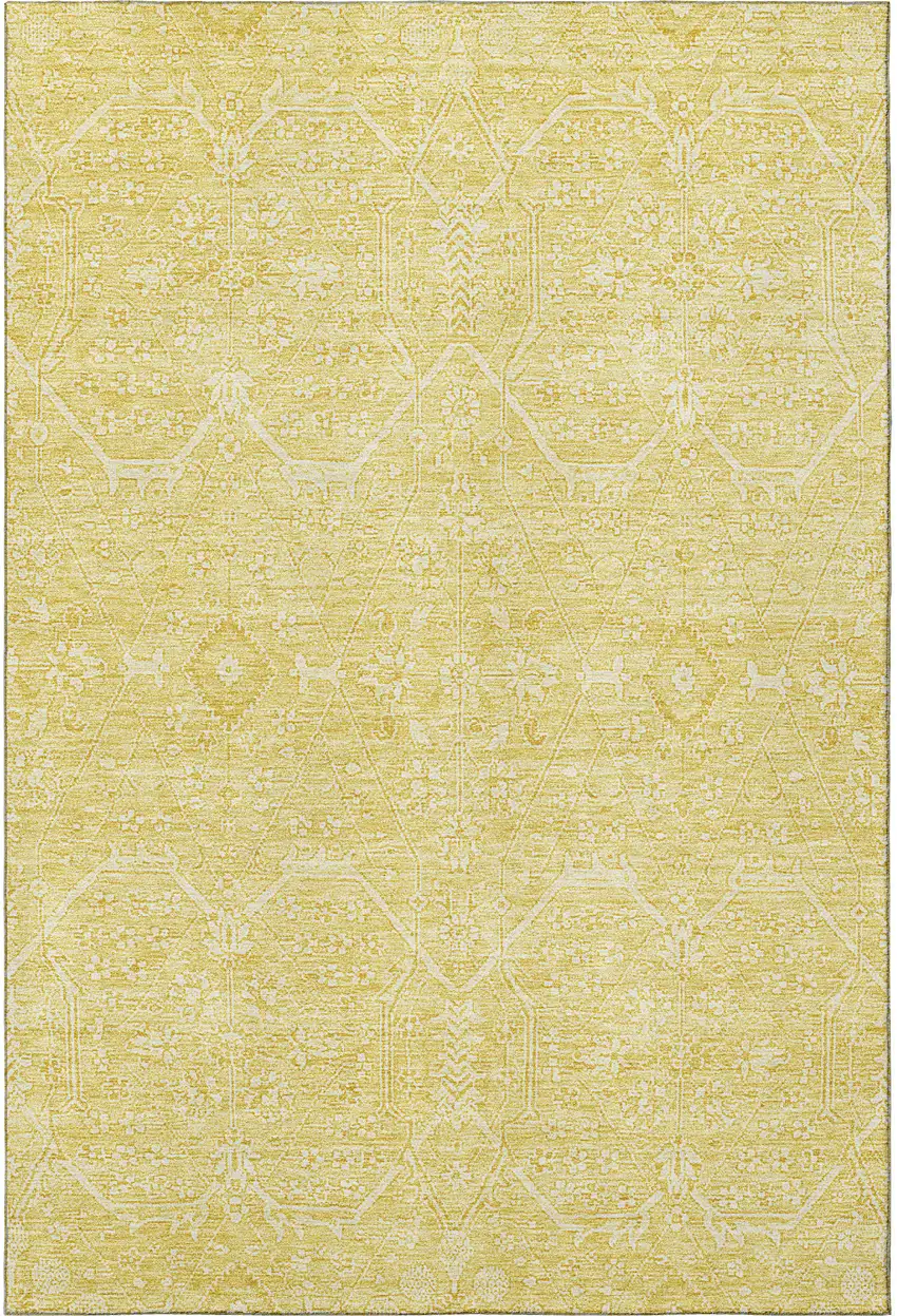 Gold And Ivory Floral Washable Area Rug With UV Protection Photo 3