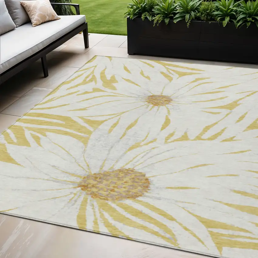 Gold And Ivory Floral Washable Indoor Outdoor Area Rug Photo 1