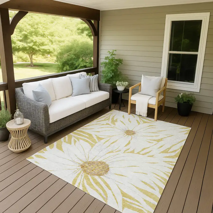 Gold And Ivory Floral Washable Indoor Outdoor Area Rug Photo 6