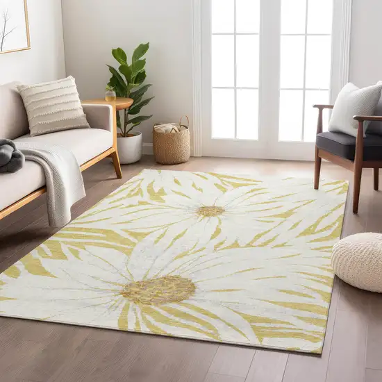 Gold And Ivory Floral Washable Indoor Outdoor Area Rug Photo 8