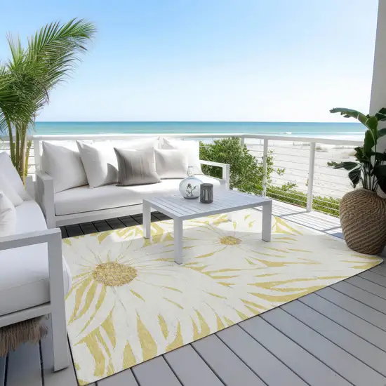 Gold And Ivory Floral Washable Indoor Outdoor Area Rug Photo 8