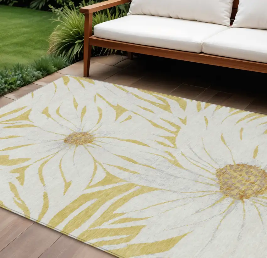 Gold And Ivory Floral Washable Indoor Outdoor Area Rug Photo 1