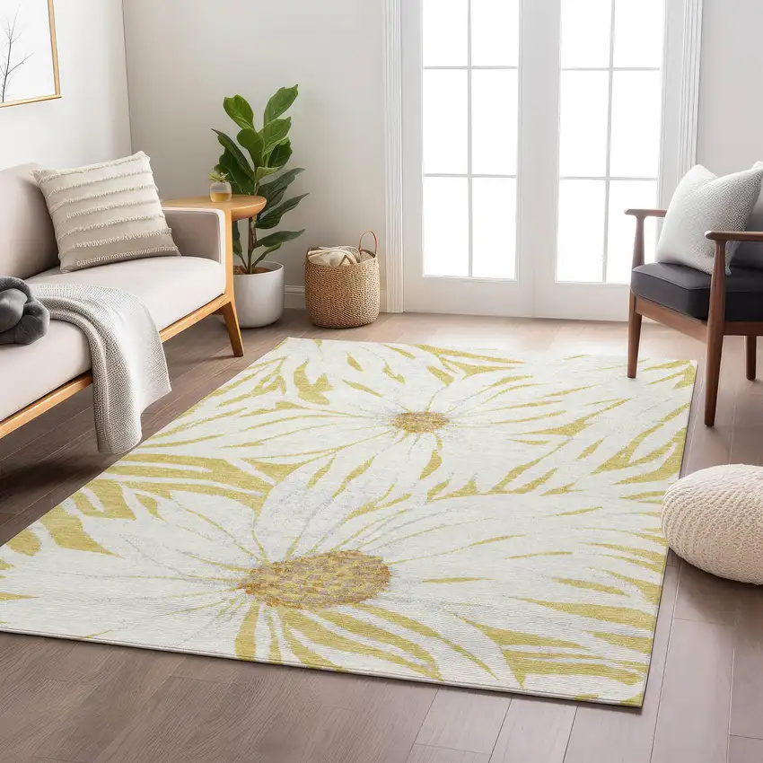 Gold And Ivory Floral Washable Indoor Outdoor Area Rug Photo 8