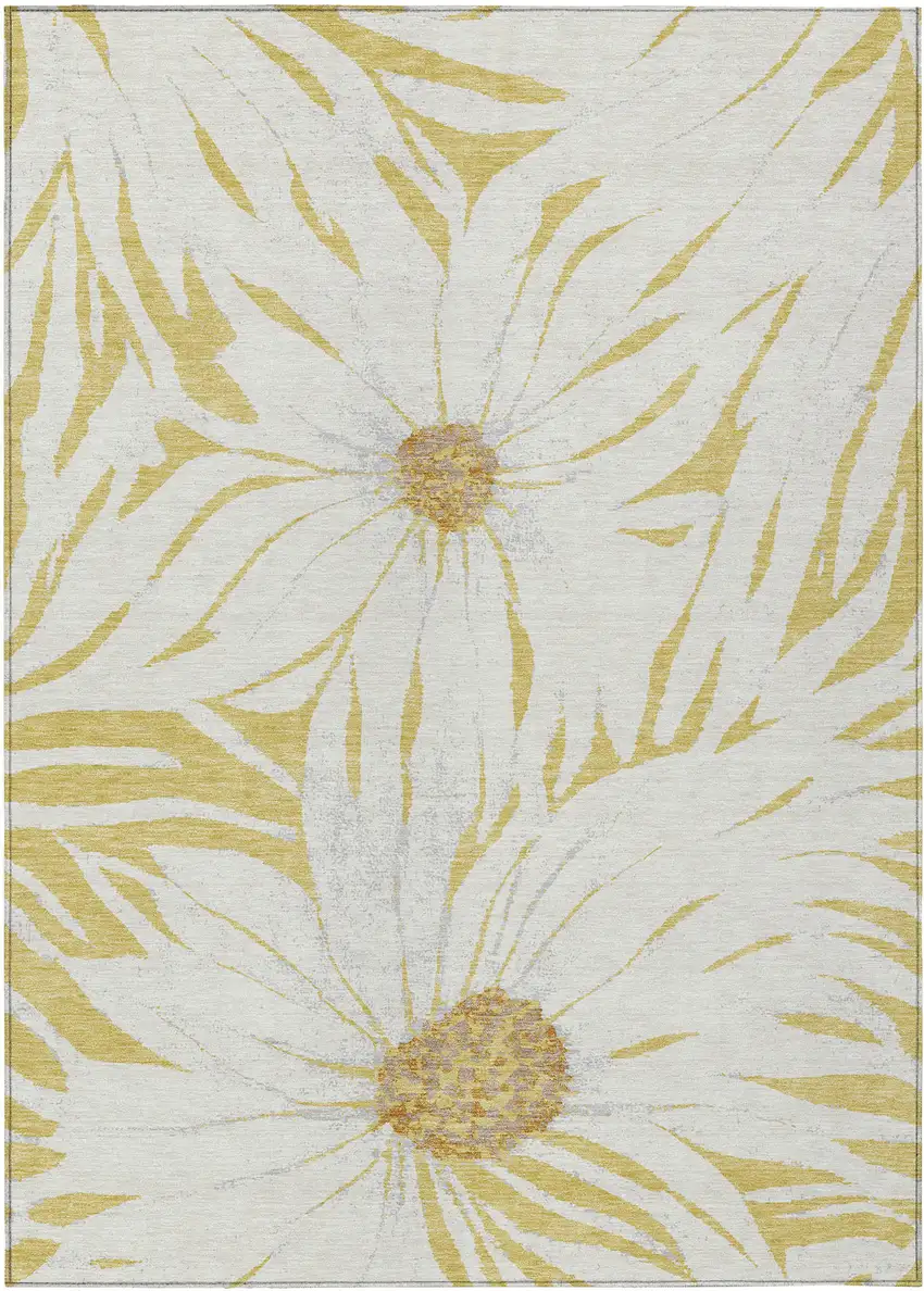 Gold And Ivory Floral Washable Indoor Outdoor Area Rug Photo 2