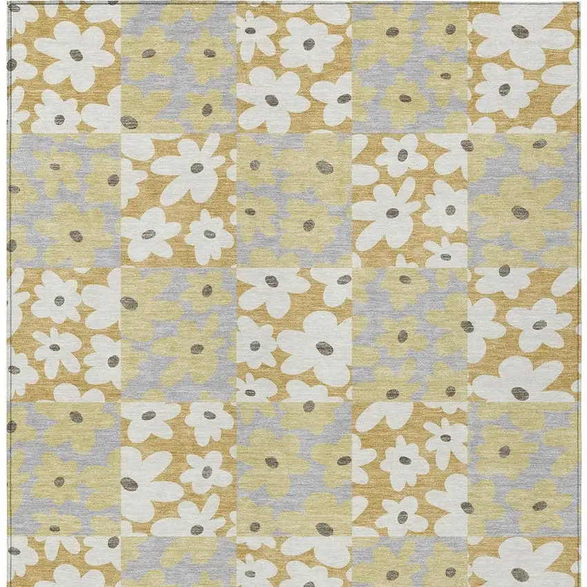 Gold And Ivory Floral Washable Indoor Outdoor Area Rug Photo 3