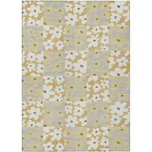 Photo of Gold And Ivory Floral Washable Indoor Outdoor Area Rug