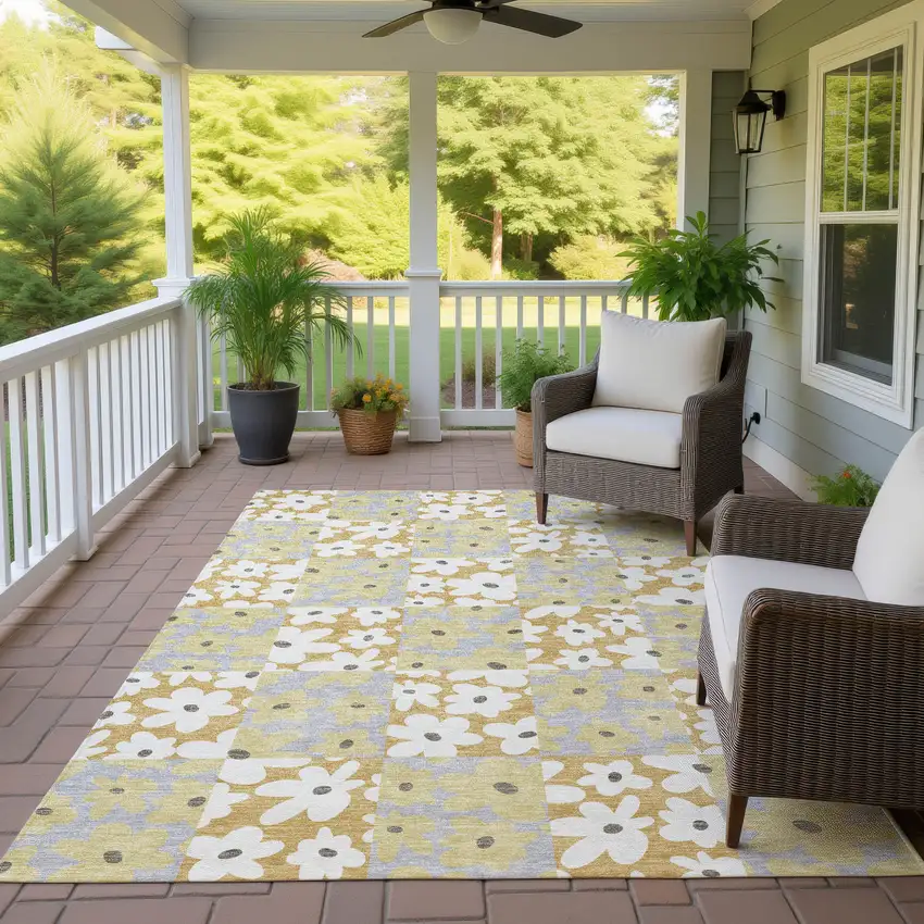 Gold And Ivory Floral Washable Indoor Outdoor Area Rug Photo 4