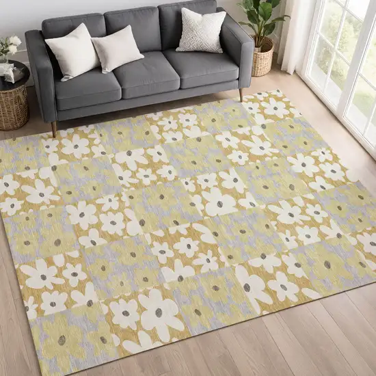 Gold And Ivory Floral Washable Indoor Outdoor Area Rug Photo 6