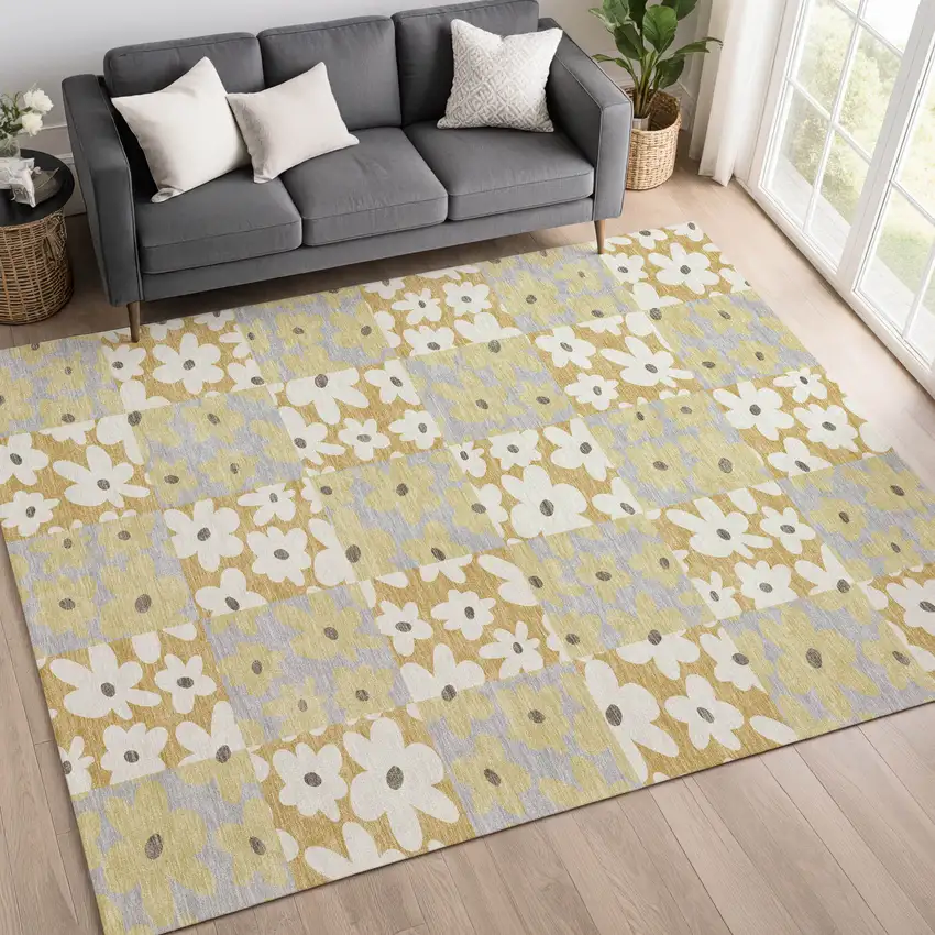 Gold And Ivory Floral Washable Indoor Outdoor Area Rug Photo 6