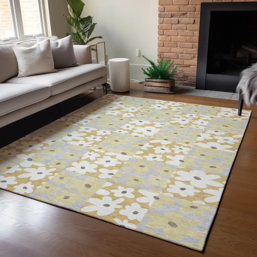 Gold And Ivory Floral Washable Indoor Outdoor Area Rug Photo 5