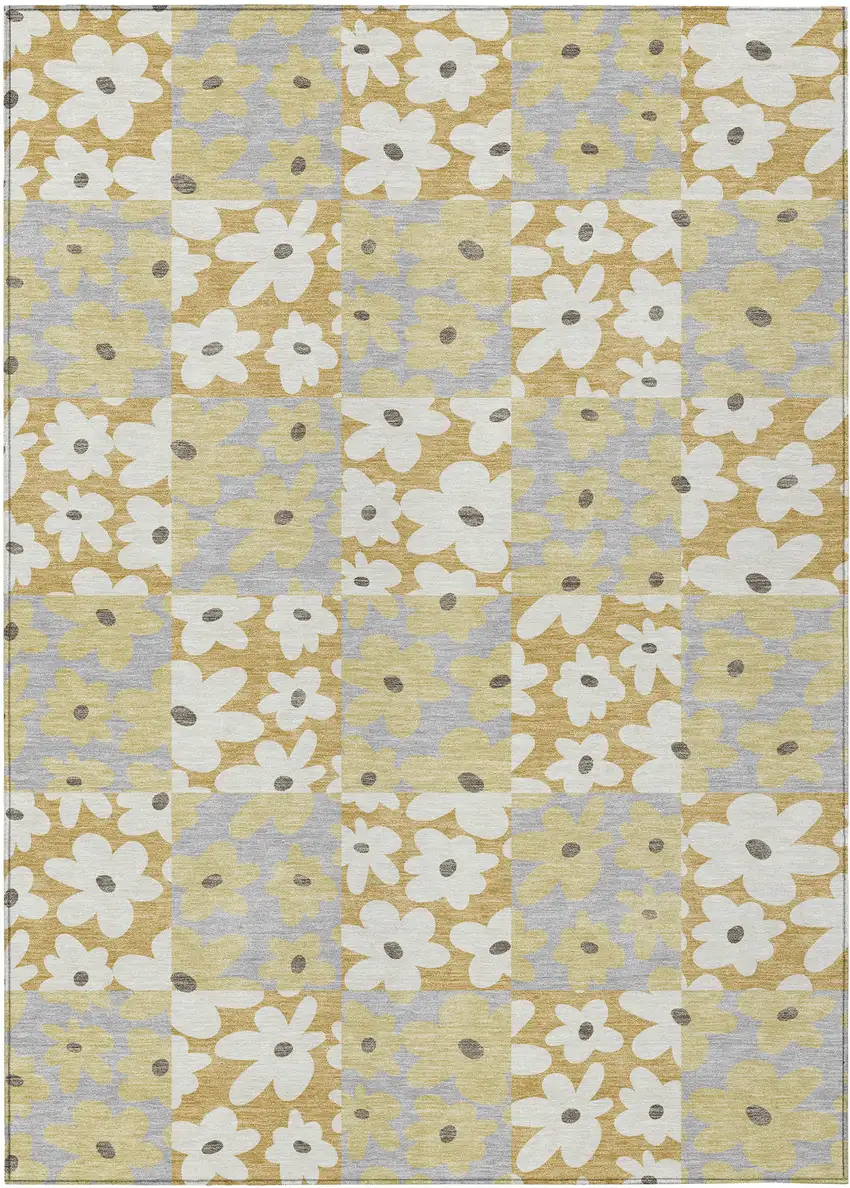 Gold And Ivory Floral Washable Indoor Outdoor Area Rug Photo 1