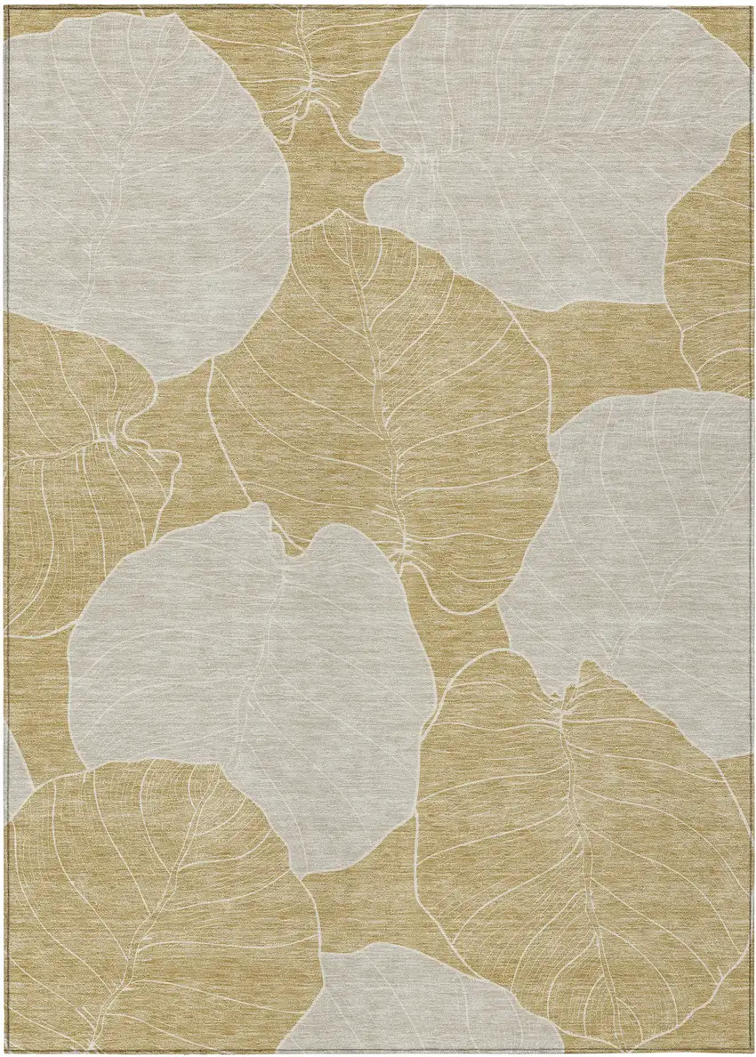 Gold And Ivory Floral Washable Indoor Outdoor Area Rug Photo 1
