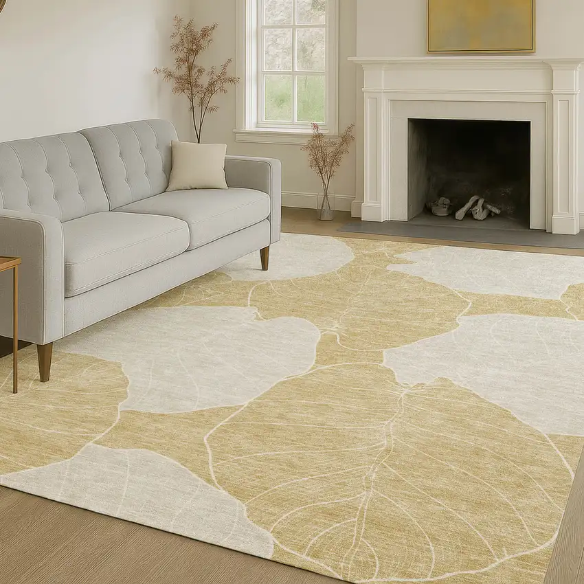 Gold And Ivory Floral Washable Indoor Outdoor Area Rug Photo 6