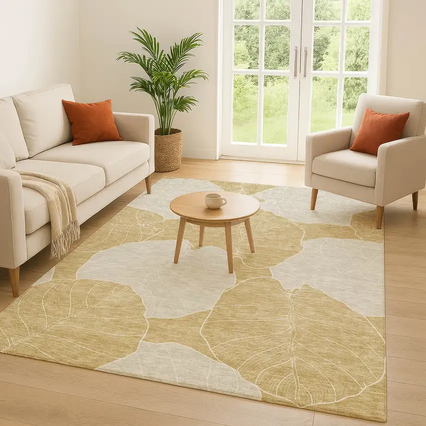 Gold And Ivory Floral Washable Indoor Outdoor Area Rug Photo 5