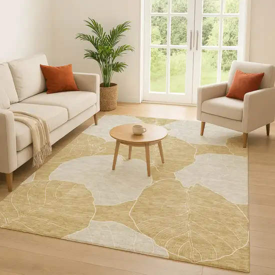 Gold And Ivory Floral Washable Indoor Outdoor Area Rug Photo 5