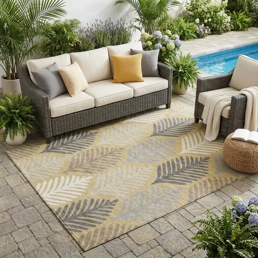 Gold And Ivory Floral Washable Indoor Outdoor Area Rug Photo 1