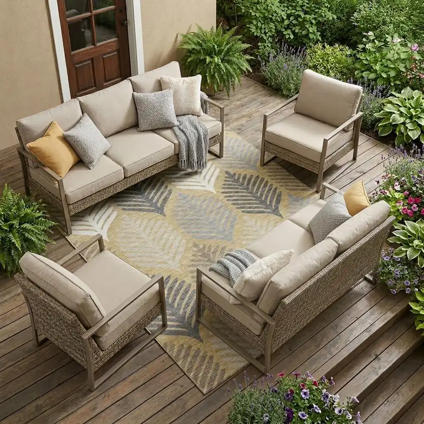 Gold And Ivory Floral Washable Indoor Outdoor Area Rug Photo 1