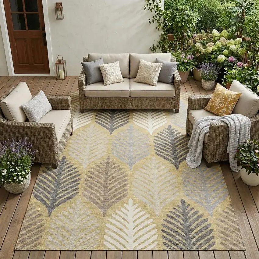 Gold And Ivory Floral Washable Indoor Outdoor Area Rug Photo 1