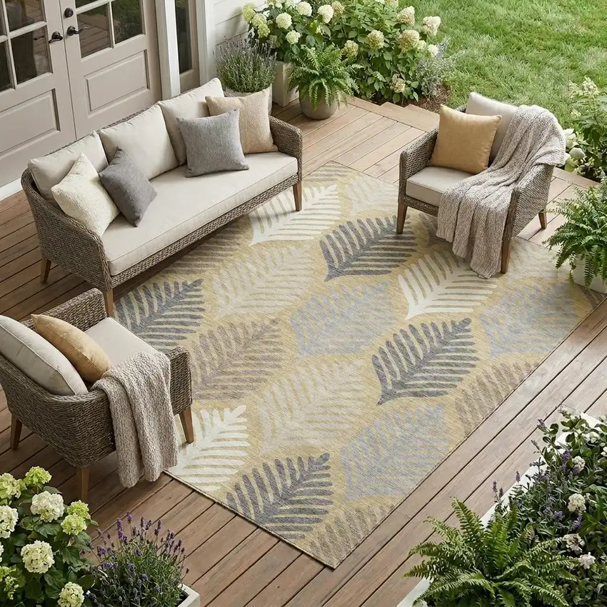 Gold And Ivory Floral Washable Indoor Outdoor Area Rug Photo 1