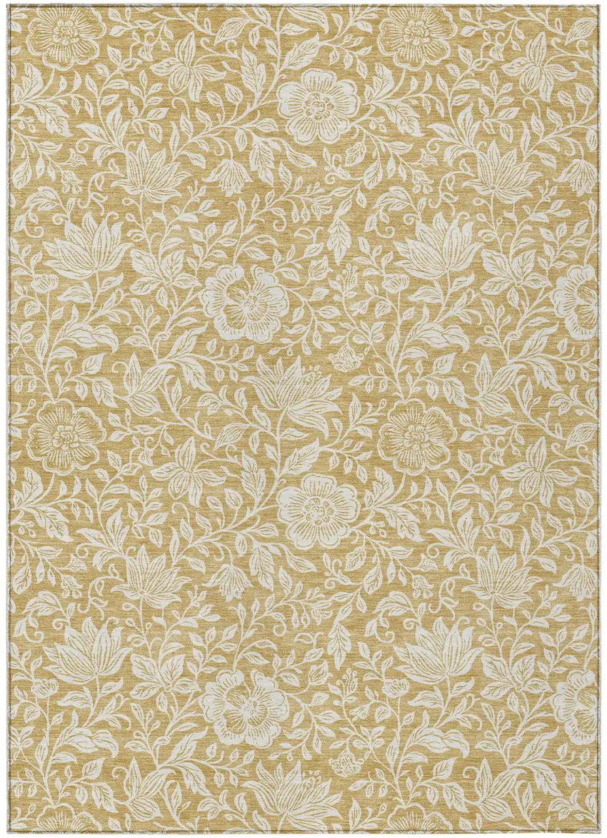 Gold And Ivory Floral Washable Indoor Outdoor Area Rug Photo 1