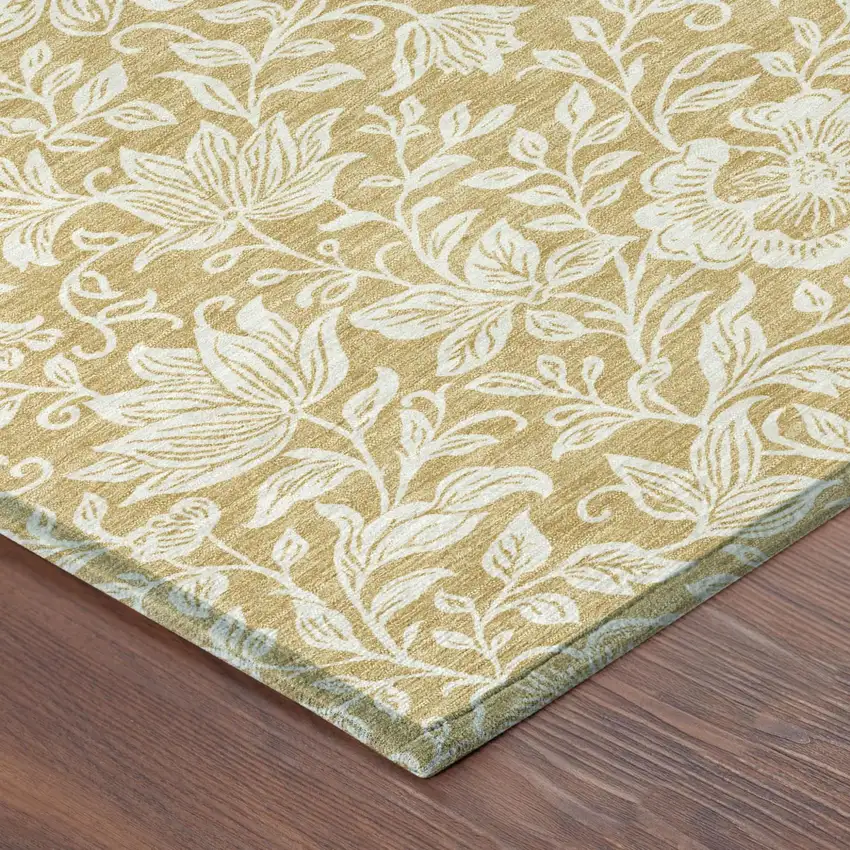 Gold And Ivory Floral Washable Indoor Outdoor Area Rug Photo 4