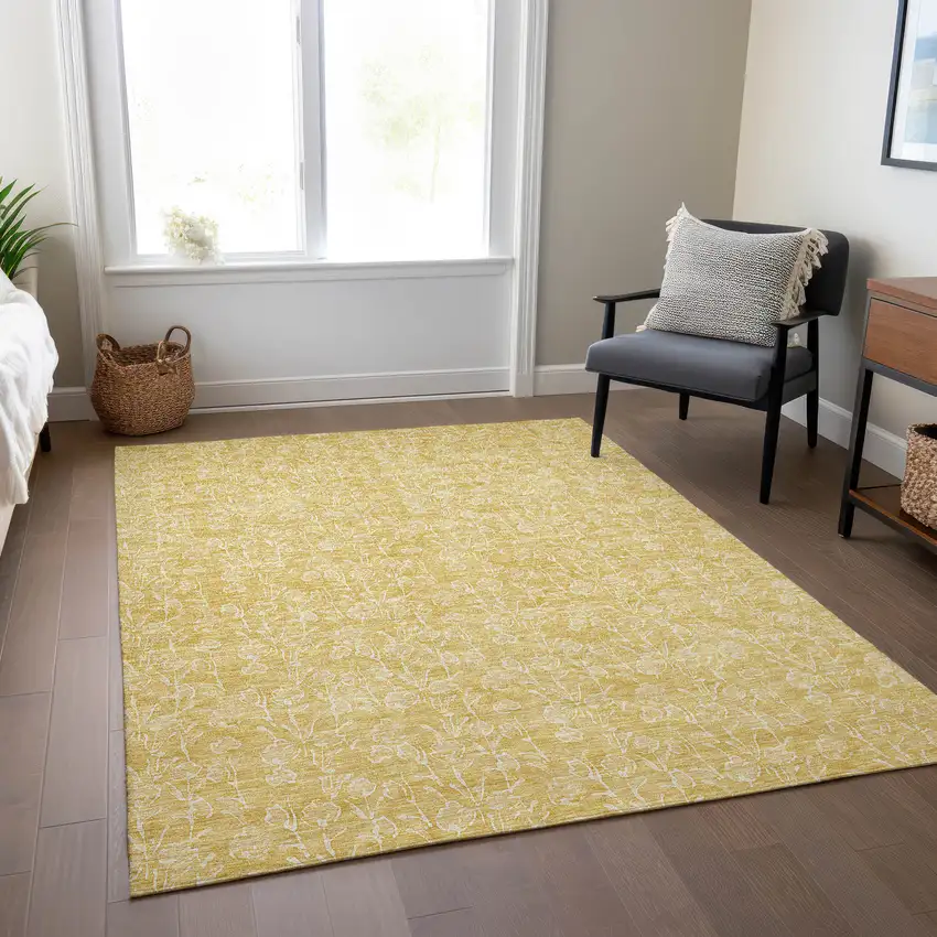 Gold And Ivory Floral Washable Indoor Outdoor Area Rug Photo 8