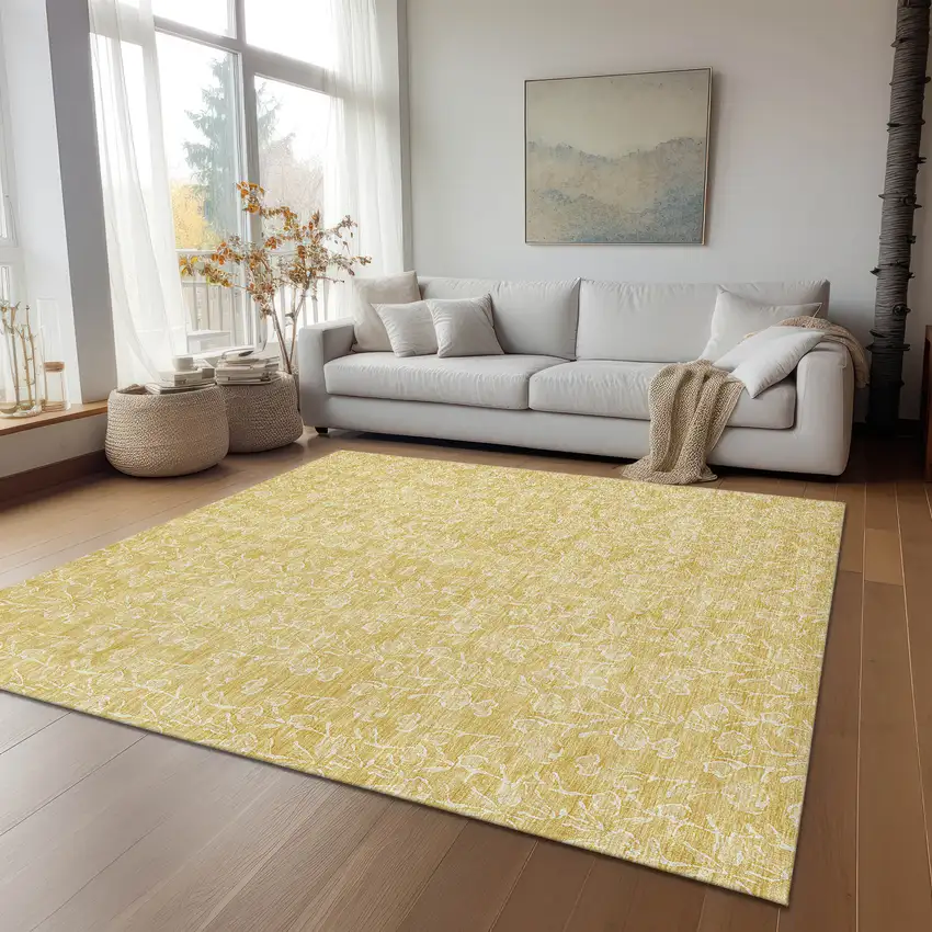 Gold And Ivory Floral Washable Indoor Outdoor Area Rug Photo 9