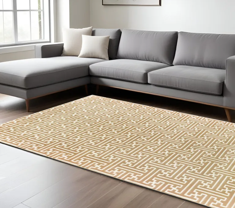 Gold And Ivory Geometric Power Loom Stain Resistant Area Rug Photo 1