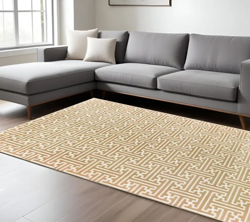 Gold And Ivory Geometric Power Loom Stain Resistant Area Rug Photo 1