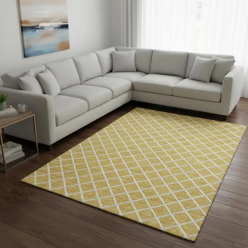 Gold And Ivory Geometric Washable Area Rug With UV Protection Photo 1