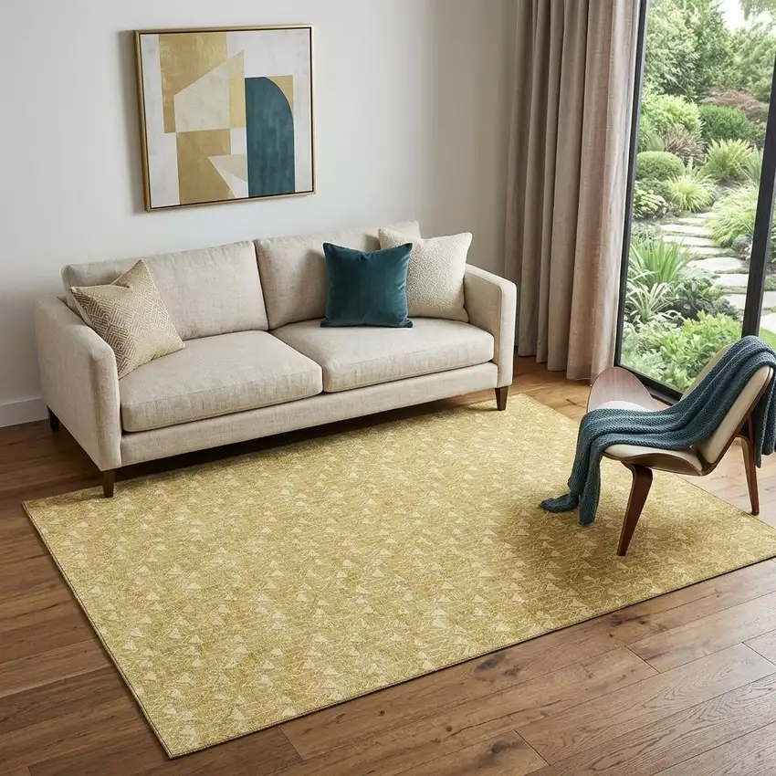 Gold And Ivory Geometric Washable Area Rug With UV Protection Photo 1