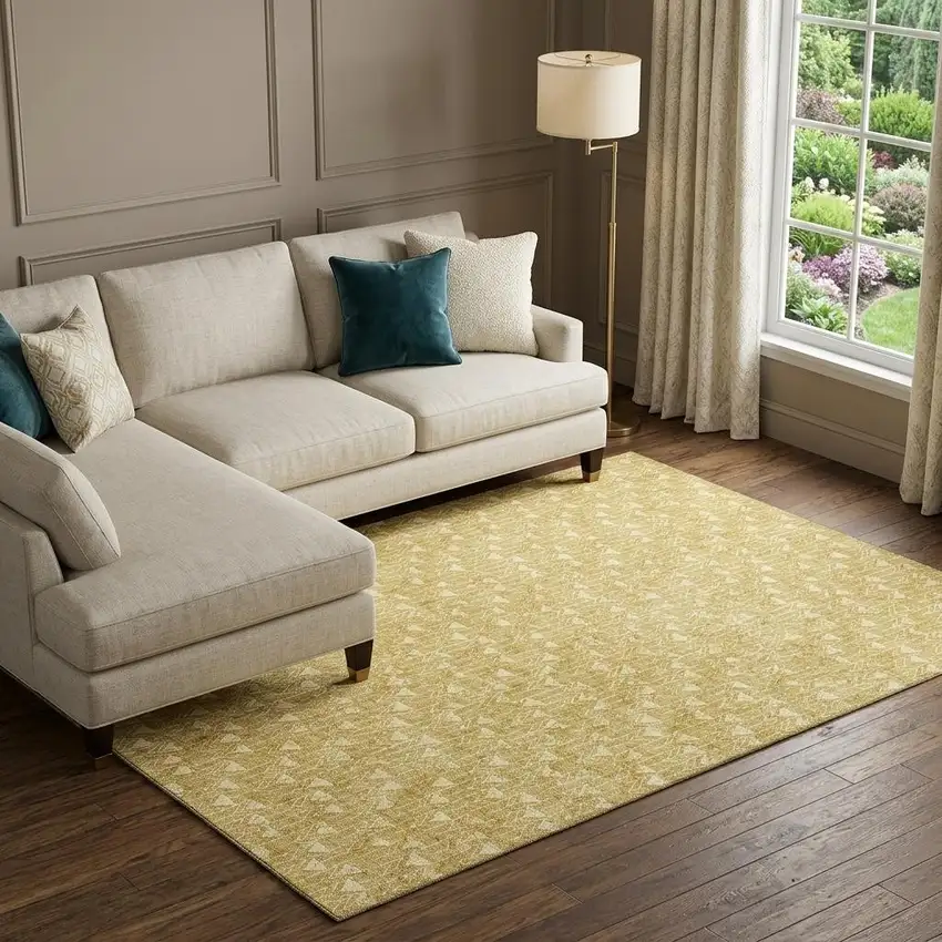 Gold And Ivory Geometric Washable Area Rug With UV Protection Photo 1