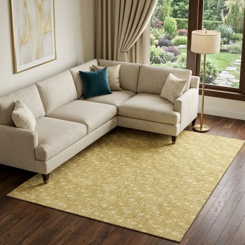 Gold And Ivory Geometric Washable Area Rug With UV Protection Photo 1