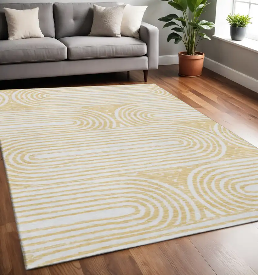 Gold And Ivory Geometric Washable Area Rug With UV Protection Photo 2