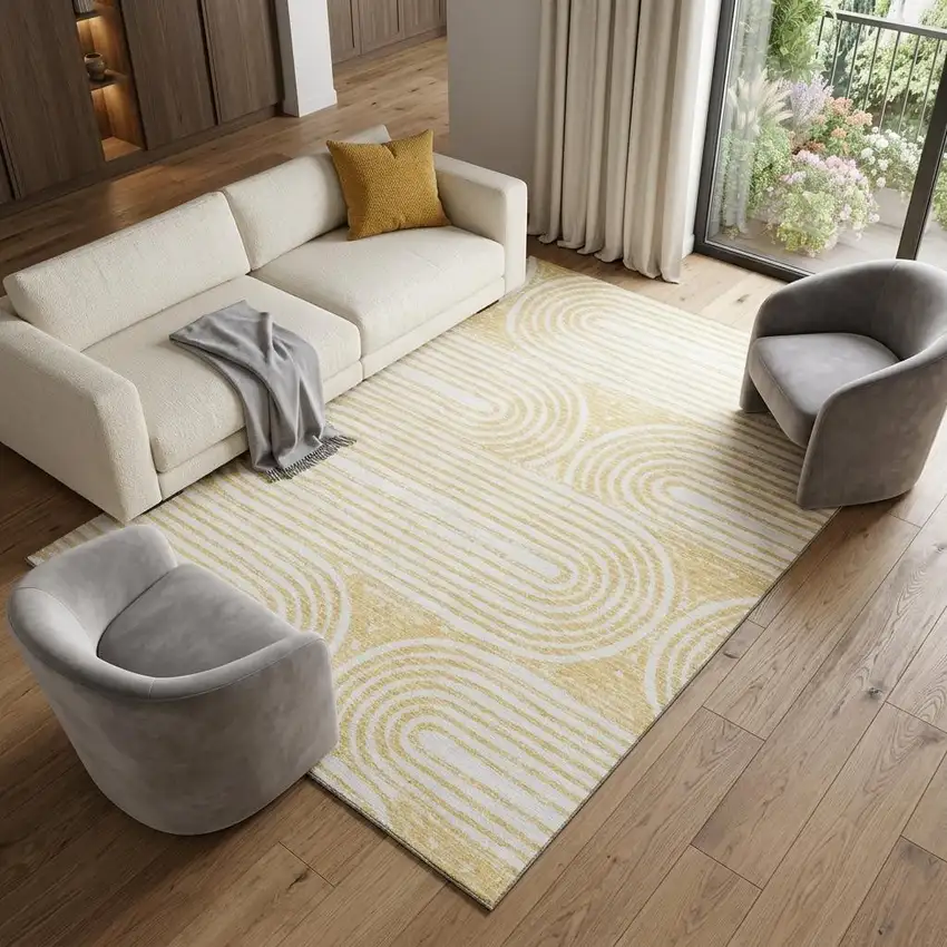 Gold And Ivory Geometric Distressed Washable Area Rug With UV Protection Photo 1