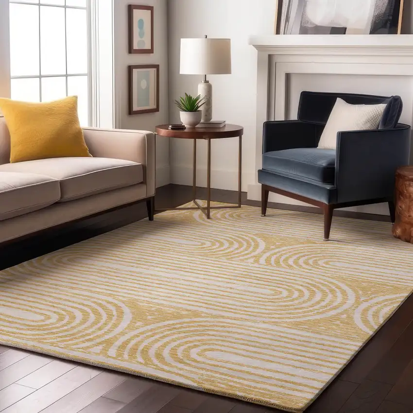 Gold And Ivory Geometric Distressed Washable Area Rug With UV Protection Photo 5