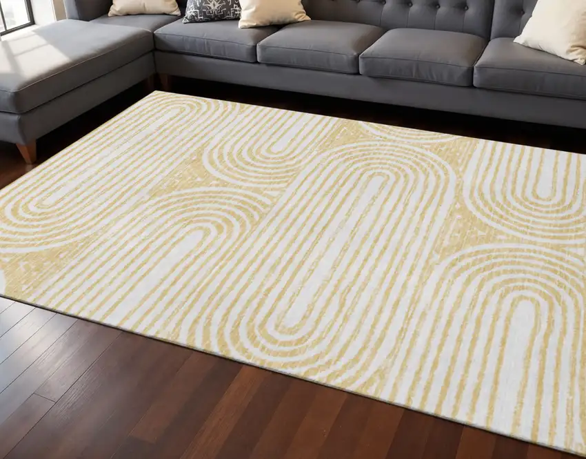 Gold And Ivory Geometric Washable Area Rug With UV Protection Photo 2