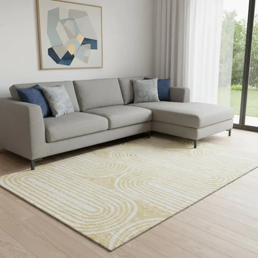 Gold And Ivory Geometric Washable Area Rug With UV Protection Photo 1