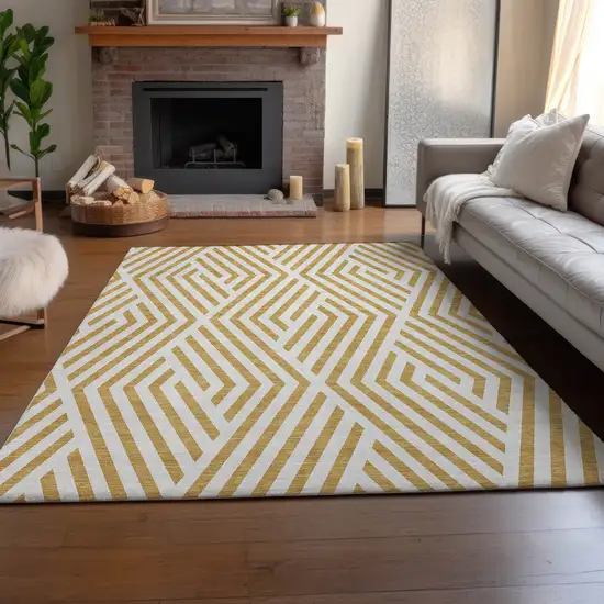 Gold And Ivory Geometric Washable Area Rug With UV Protection Photo 7