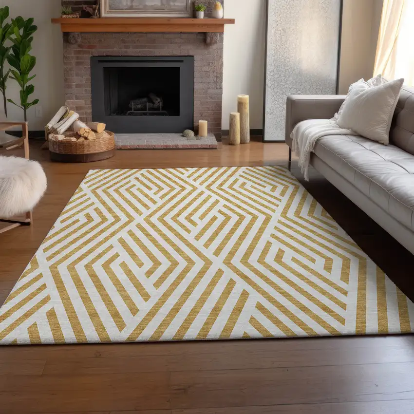 Gold And Ivory Geometric Washable Area Rug With UV Protection Photo 7