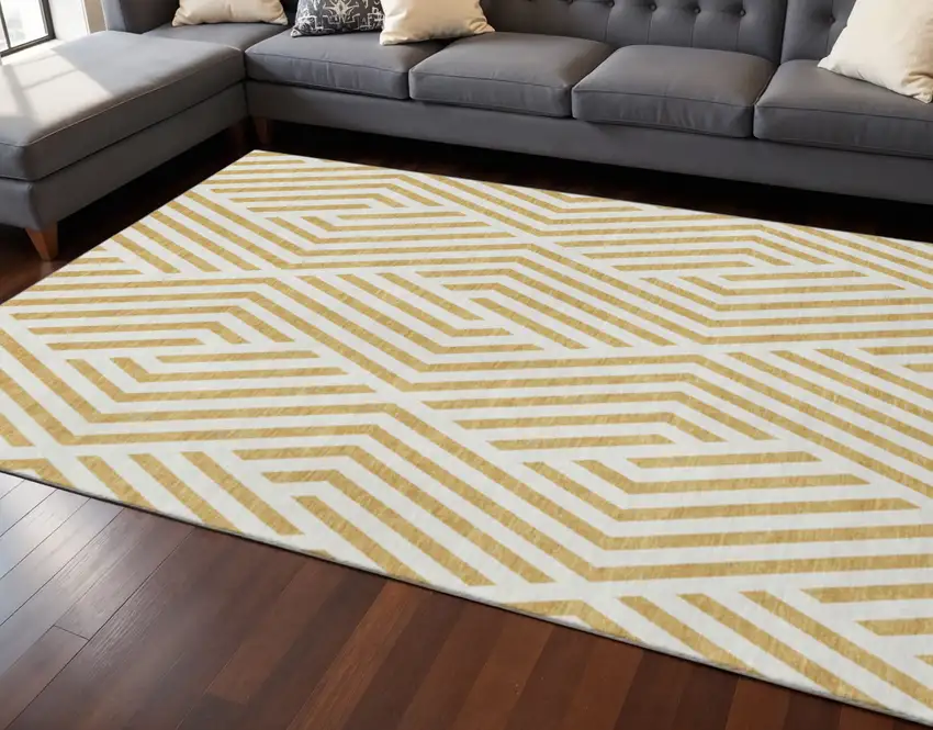 Gold And Ivory Geometric Washable Area Rug With UV Protection Photo 2