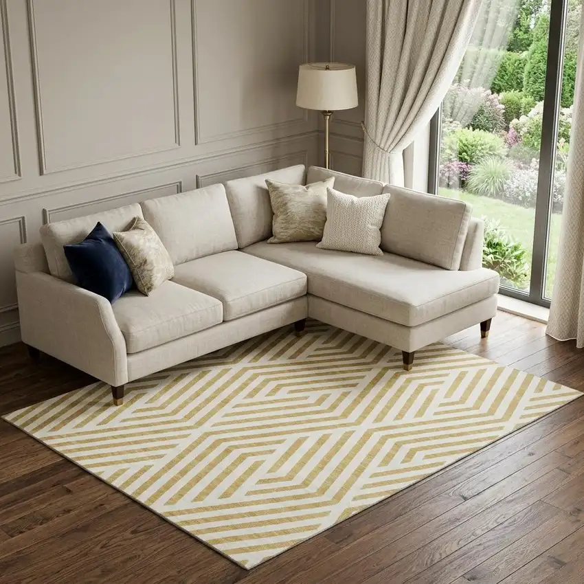 Gold And Ivory Geometric Washable Area Rug With UV Protection Photo 1