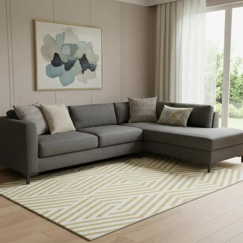 Gold And Ivory Geometric Washable Area Rug With UV Protection Photo 1