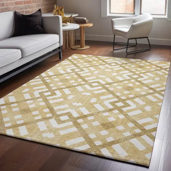 Gold And Ivory Geometric Washable Area Rug With UV Protection Photo 4